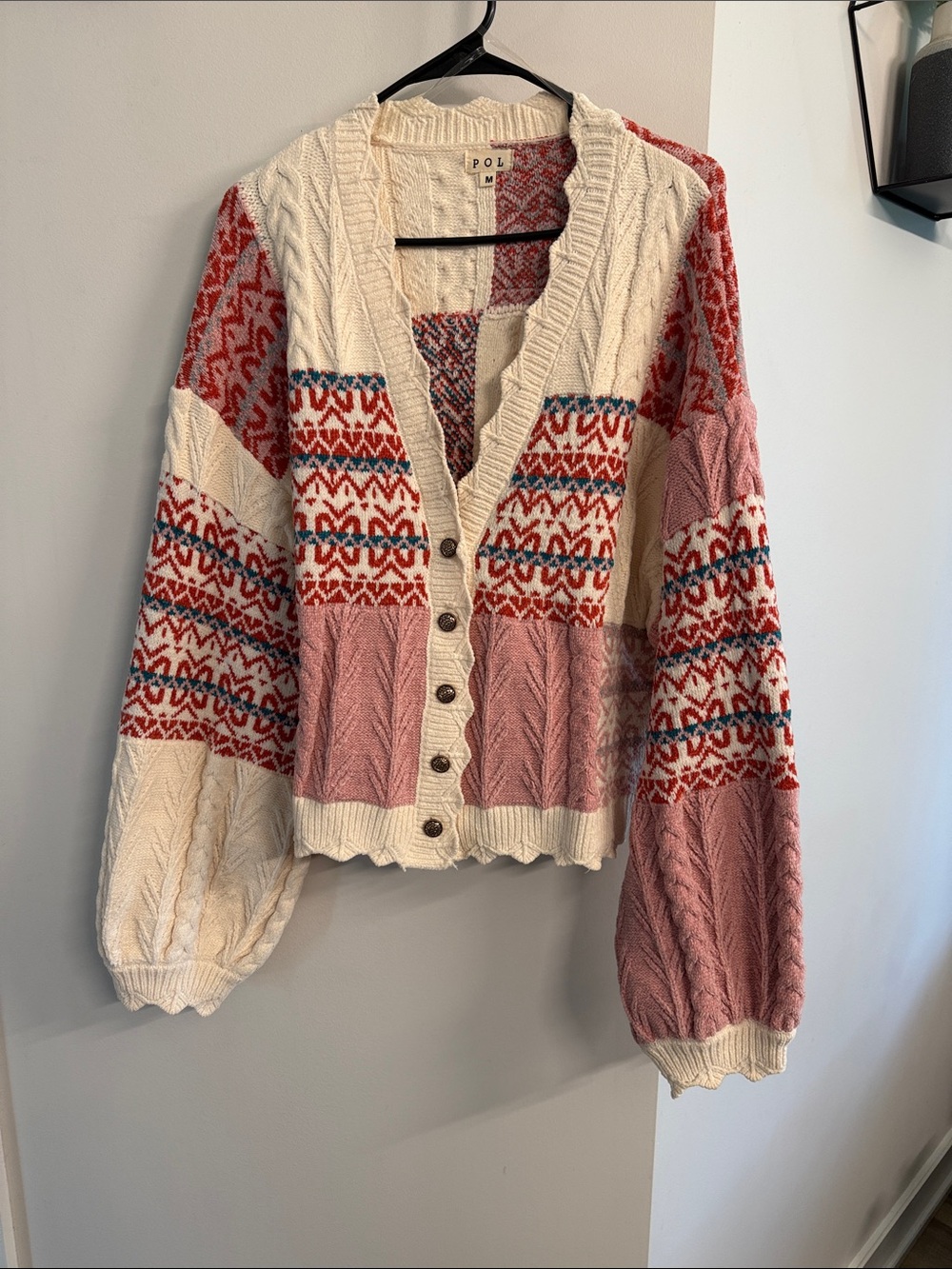 POL Cream, Pink & Red Fair Isle Matt Chanel Cable-Knit Cardigan